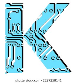 Latin digital letter K perforated with PCB circuit board tracks isolated on white. Colored capital initial letter for headlines of modern digital world. Vector design element.