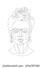 Latin female portrait inspired by Frida Kahlo. Young mexican woman in traditional flower wreath. Feminism, women empowerment concept design. Modern vector illustration in one line art style