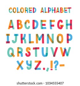 Latin font or decorative english alphabet made of colorful adhesive tape. Set of bright colored stylized letters arranged in alphabetical order and isolated on white background. Vector illustration.