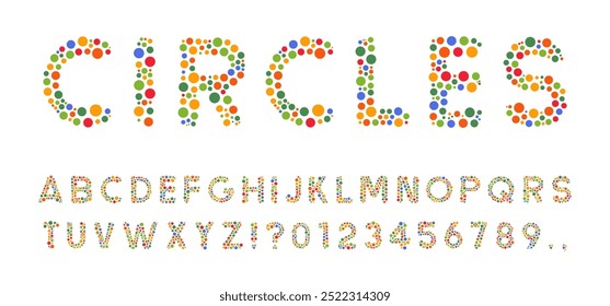 Latin Font Made of Colored Dots or Circles. Capital Letters and Numbers