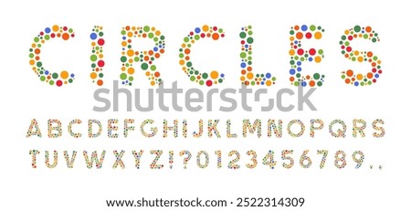 Latin Font Made of Colored Dots or Circles. Capital Letters and Numbers