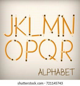 Latin font from pencils. Decorative alphabet vector font.
