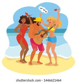 LATIN GUY PLAY GUITAR AND SING WITH WHITE-SKINNED BLOND AND BLACK-SKINNED BRUNETTE DANCING AND SINGING ON A SEASIDE