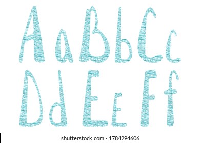 Latin hand drawn alphabet in tailor style. Needlework letters look like bobbins, spools or reels. Best for tailor logo, hobbies design, banner. A, B, C, D, E, F uppercase and lowercase letters.
