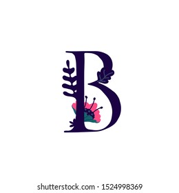 Latin letter B in flowers and plants. Vector. Letter in decorative elements for inscriptions. Company logo. Poster 
