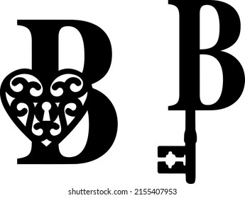 Latin letter B key and lock. Love and wedding classic elements on white background