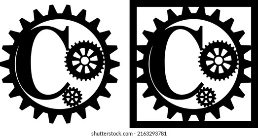 Latin Letter C With Gears. Steampunk Cut File On White Background. Card Making Design