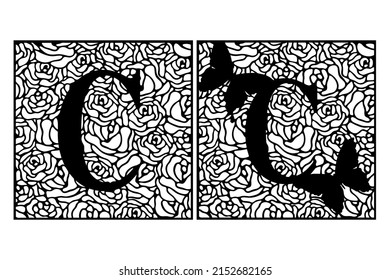 Latin letter C on rose pattern with butterflies. Summer cut file on white background