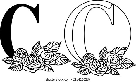 Latin letter C with rose floral composition. Cut file on white background