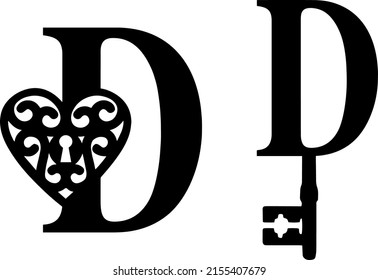 Latin letter D key and lock. Love and wedding classic elements on white background