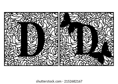 Latin letter D on rose pattern with butterflies. Summer cut file on white background