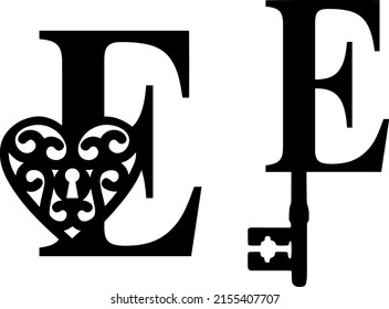 Latin letter E key and lock. Love and wedding classic elements on white background