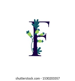 Latin letter F in flowers and plants. Vector. Letter in decorative elements for inscriptions. Company logo. Poster or monogram.