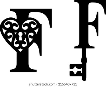 Latin letter F key and lock. Love and wedding classic elements on white background