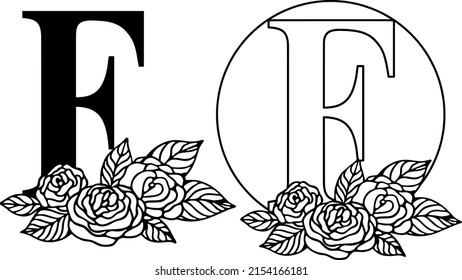 Latin letter F with rose floral composition. Cut file on white background