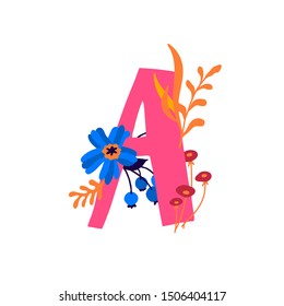 Latin letter A in flowers and plants. Vector. Letter in decorative elements for inscriptions. Company logo. Poster or monogram.