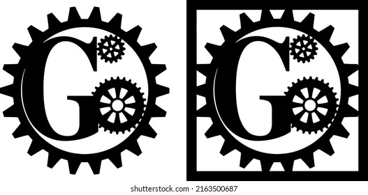 Latin letter G with gears. Steampunk cut file on white background. Card making design