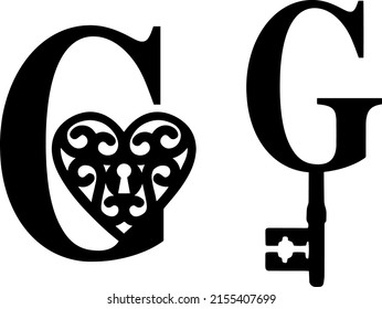 Latin letter G key and lock. Love and wedding classic elements on white background