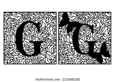 Latin letter G on rose pattern with butterflies. Summer cut file on white background