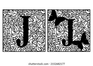 Latin letter J on rose pattern with butterflies. Summer cut file on white background