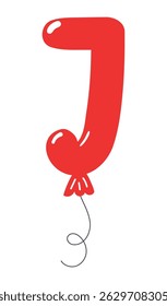 Latin letter J shaped balloon, rounded glossy design, isolated vector on transparent background. Hand drawn illustration. Holiday, party, celebration, anniversary, birthday card, banner element
