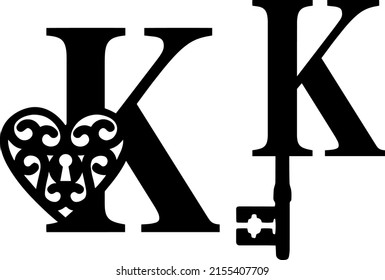 Latin letter K key and lock. Love and wedding classic elements on white background