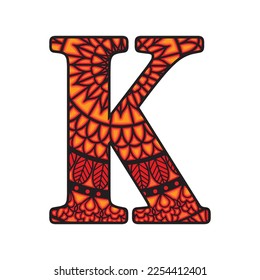 Latin letter K layered design. Mandala cut file on white background