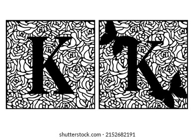 Latin letter K on rose pattern with butterflies. Summer cut file on white background