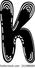 Latin letter "K". Vector black illustration isolated on a white background. Scandinavian style. Beautiful font, template, element, logo, alphabet.