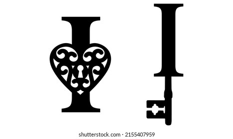 Latin letter I key and lock. Love and wedding classic elements on white background