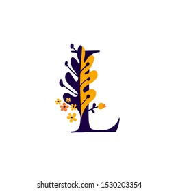 Latin letter L in flowers and plants. Vector. Letter in decorative elements for inscriptions. Company logo. Poster or monogram.