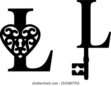 Latin letter L key and lock. Love and wedding classic elements on white background