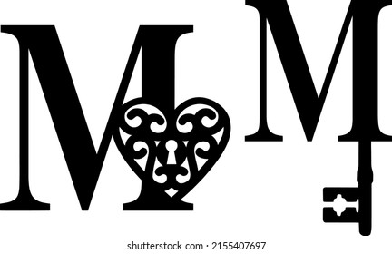 Latin letter M key and lock. Love and wedding classic elements on white background