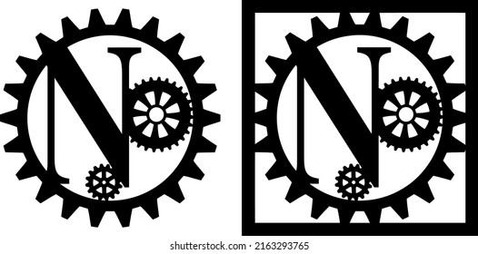 Latin letter N with gears. Steampunk cut file on white background. Card making design