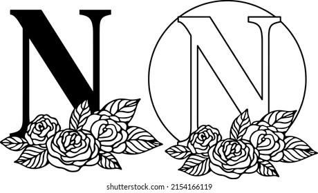Latin letter N with rose floral composition. Cut file on white background