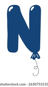 Letra latina balão em forma de N, design brilhante arredondado, vetor isolado em fundo transparente. Ilustração desenhada à mão. Feriado, festa, comemoração, aniversário, cartão de aniversário, elemento de banner