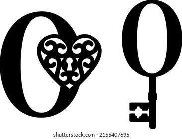 Latin letter O key and lock. Love and wedding classic elements on white background