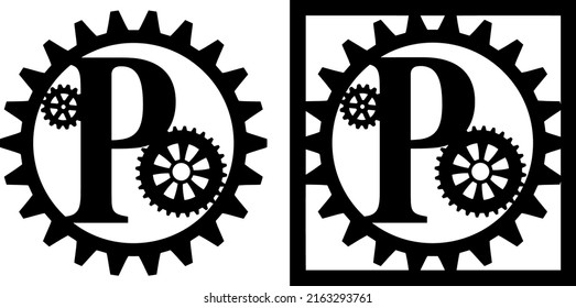 Latin letter P with gears. Steampunk cut file on white background. Card making design