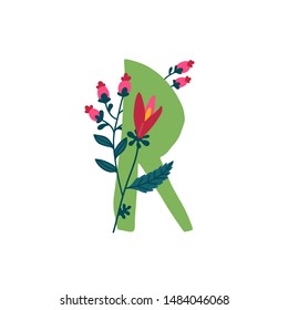 Latin letter R in flowers and plants. Vector. Letter in decorative elements for inscriptions. Company logo. Poster or monogram.