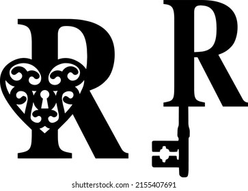 Latin letter R key and lock. Love and wedding classic elements on white background