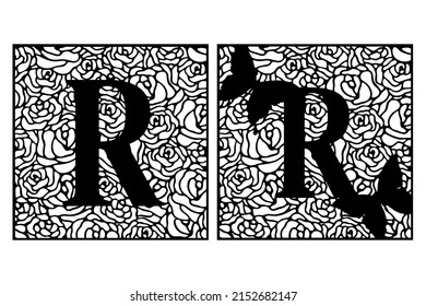 Latin letter R on rose pattern with butterflies. Summer cut file on white background