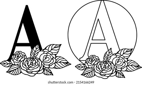 Latin letter A with rose floral composition. Cut file on white background