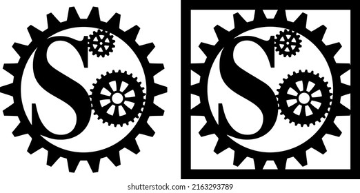 Latin letter S with gears. Steampunk cut file on white background. Card making design