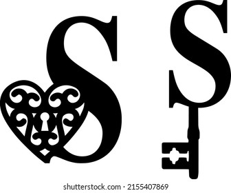 Latin letter S key and lock. Love and wedding classic elements on white background