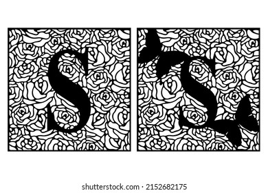 Latin letter S on rose pattern with butterflies. Summer cut file on white background