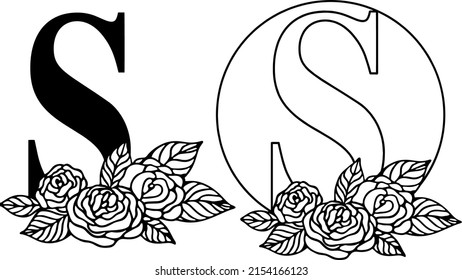 Latin letter S with rose floral composition. Cut file on white background