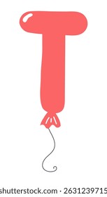 Letra latina T em forma de balão, design brilhante arredondado, vetor isolado em fundo transparente. Ilustração desenhada à mão. Feriado, festa, comemoração, aniversário, cartão de aniversário, elemento de banner