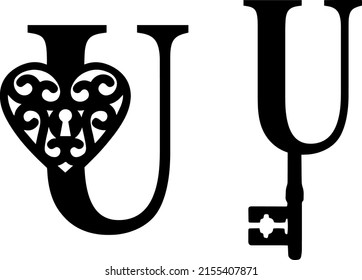 Latin letter U key and lock. Love and wedding classic elements on white background