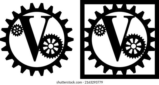 Latin letter V with gears. Steampunk cut file on white background. Card making design