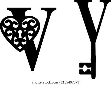 Latin letter V key and lock. Love and wedding classic elements on white background